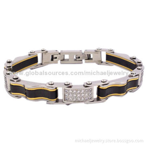 Stainless Steel Bracelets with 21-piece CZ Stones and Interval of Plating IP Black and Gold